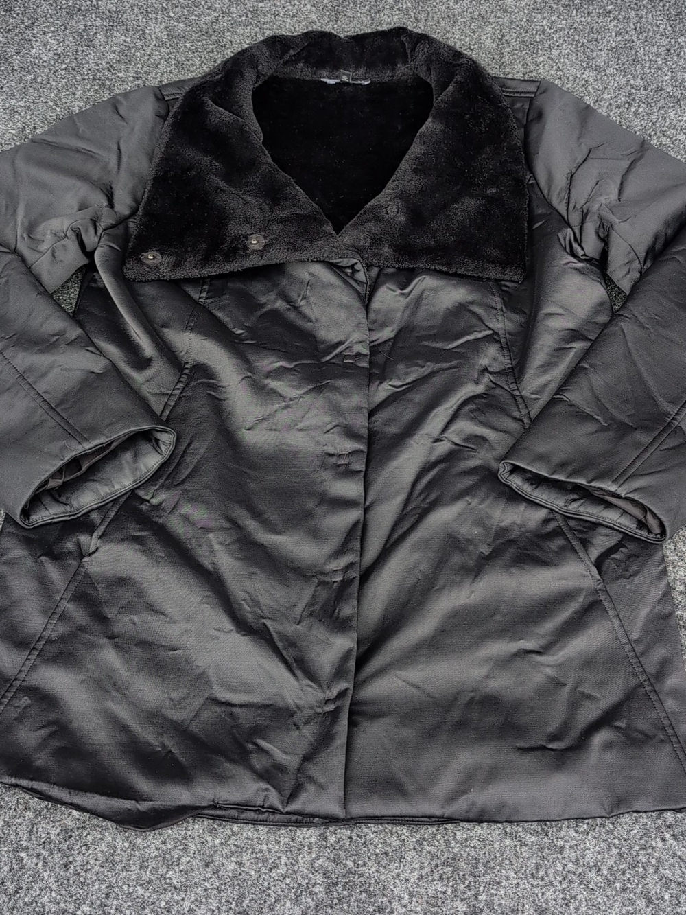 Eileen Fisher Jacket Medium Black Bonded Fleece Funnel Neck Faux Fur Lined Snap